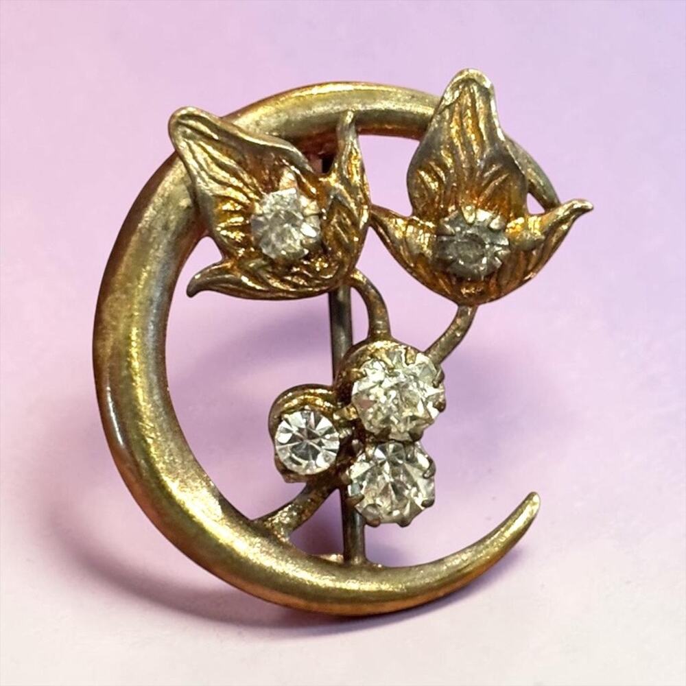 Crescent Moon Floral Brooch Paste Rhinestone Gold Tone Antique Victorian 1900s